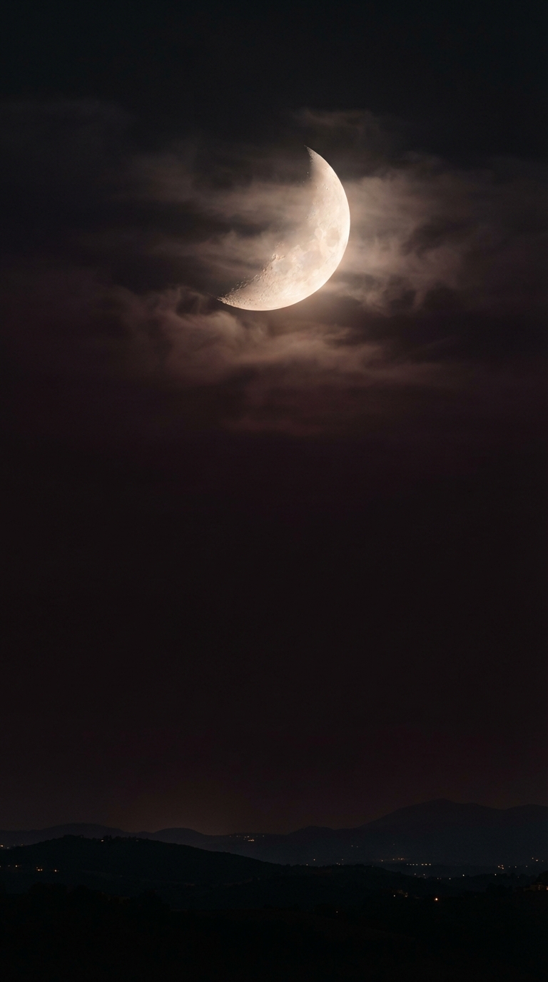 Luna creciente entre nubes sobre un paisaje nocturno